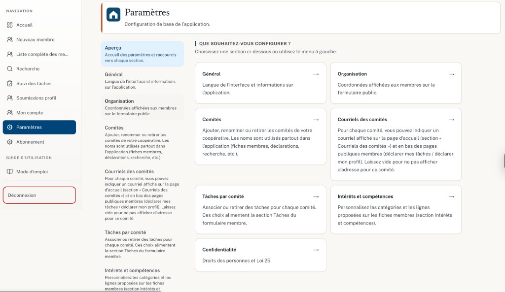Capture CHQM : page Paramètres avec la grille de configuration (général, organisation, comités, etc.).